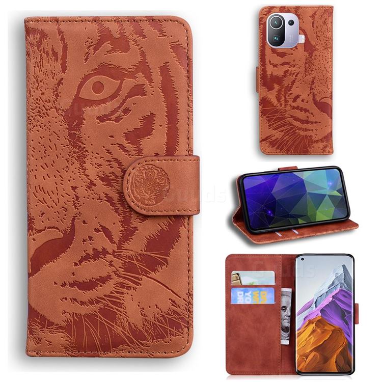 Intricate Embossing Tiger Face Leather Wallet Case for Xiaomi Mi 11 Pro - Brown
