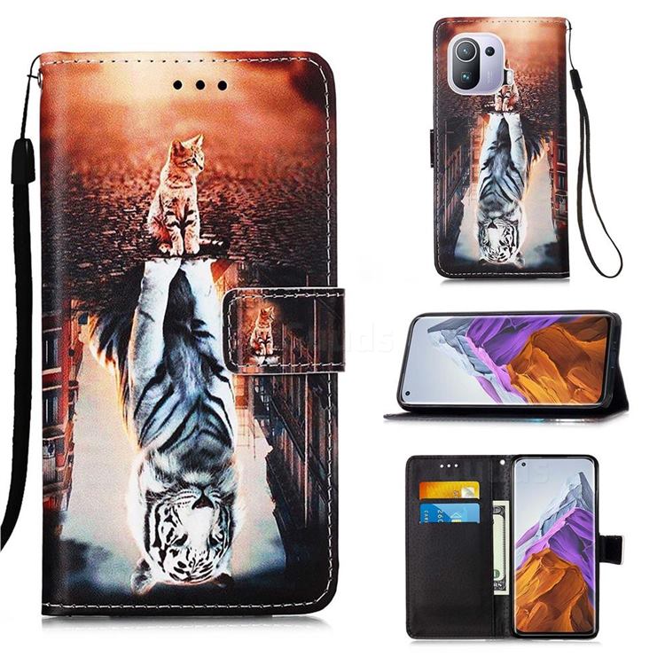 Cat and Tiger Matte Leather Wallet Phone Case for Xiaomi Mi 11 Pro