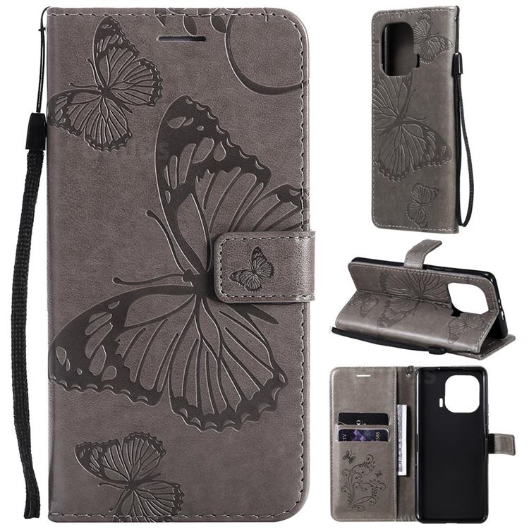 Embossing 3D Butterfly Leather Wallet Case for Xiaomi Mi 11 Pro - Gray