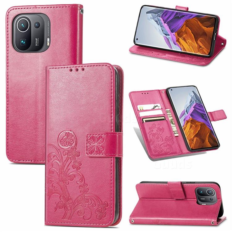 Embossing Imprint Four-Leaf Clover Leather Wallet Case for Xiaomi Mi 11 Pro - Rose Red