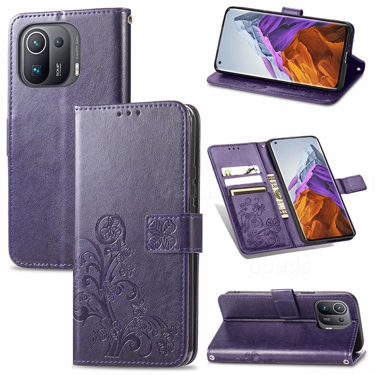 Embossing Imprint Four-Leaf Clover Leather Wallet Case for Xiaomi Mi 11 Pro - Purple