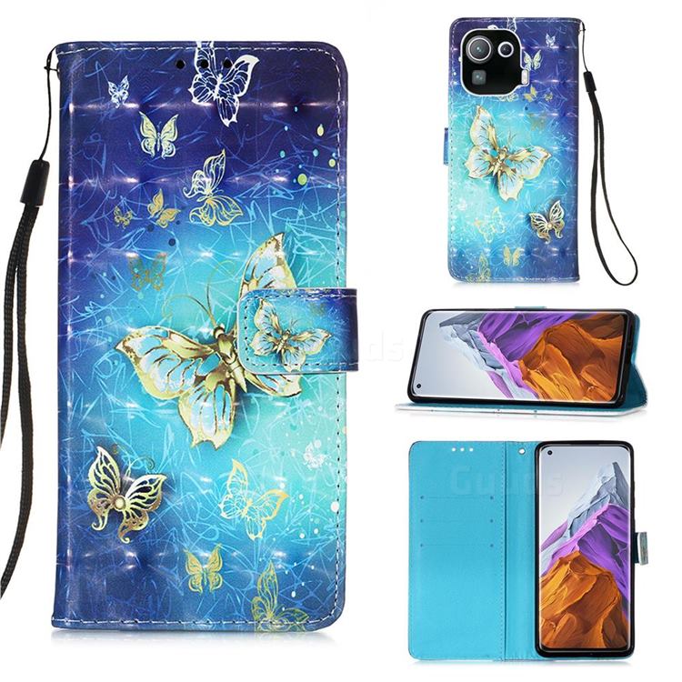 Gold Butterfly 3D Painted Leather Wallet Case for Xiaomi Mi 11 Pro