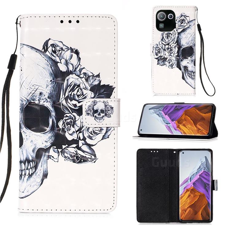 Skull Flower 3D Painted Leather Wallet Case for Xiaomi Mi 11 Pro