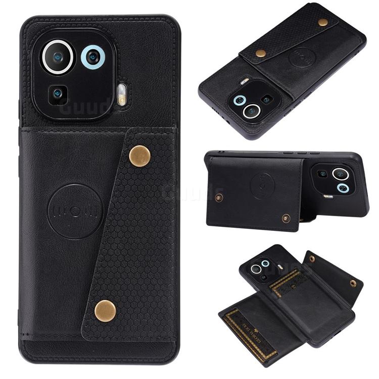 Retro Multifunction Card Slots Stand Leather Coated Phone Back Cover for Xiaomi Mi 11 Pro - Black