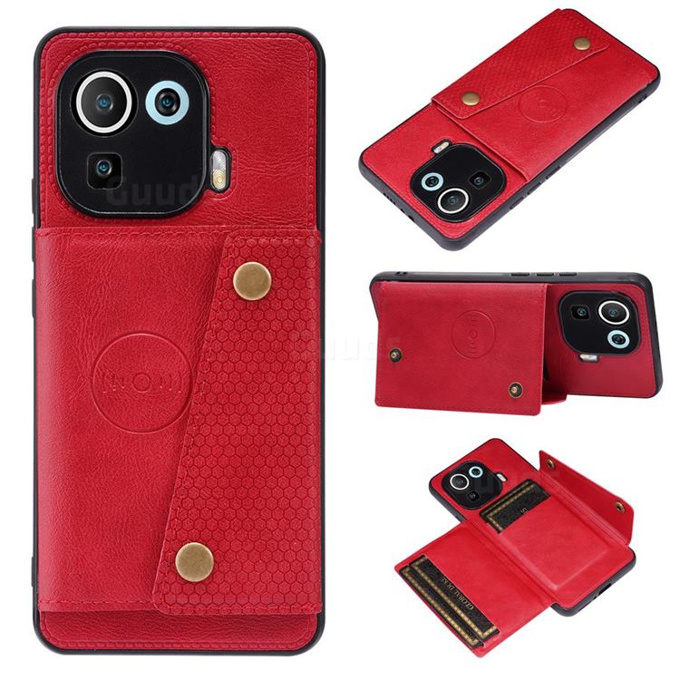 Retro Multifunction Card Slots Stand Leather Coated Phone Back Cover for Xiaomi Mi 11 Pro - Red