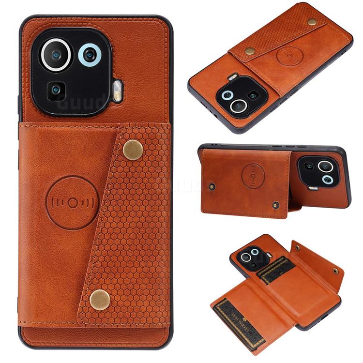 Retro Multifunction Card Slots Stand Leather Coated Phone Back Cover for Xiaomi Mi 11 Pro - Brown