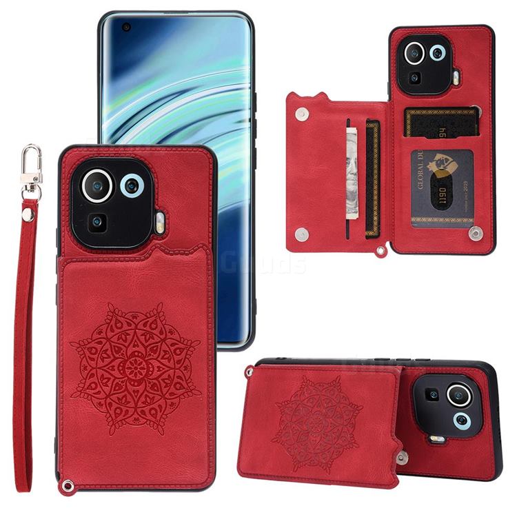 Luxury Mandala Multi-function Magnetic Card Slots Stand Leather Back Cover for Xiaomi Mi 11 Pro - Red