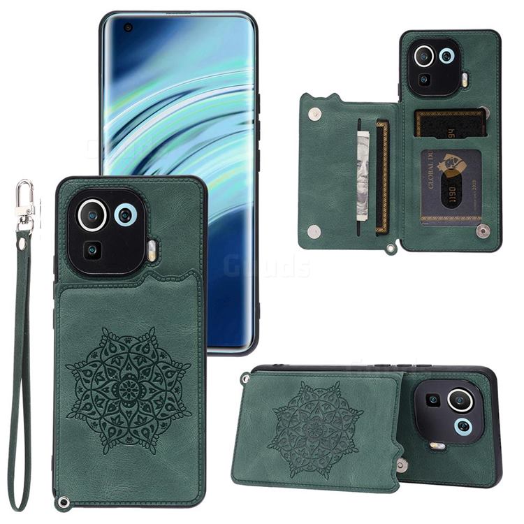 Luxury Mandala Multi-function Magnetic Card Slots Stand Leather Back Cover for Xiaomi Mi 11 Pro - Green