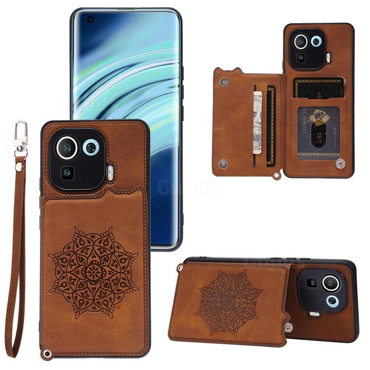 Luxury Mandala Multi-function Magnetic Card Slots Stand Leather Back Cover for Xiaomi Mi 11 Pro - Brown