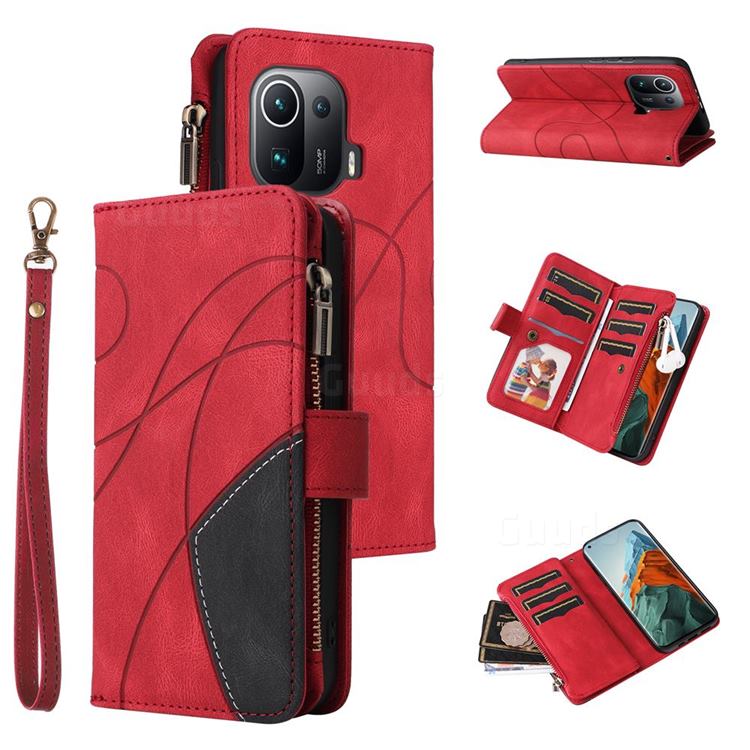 Luxury Two-color Stitching Multi-function Zipper Leather Wallet Case Cover for Xiaomi Mi 11 Pro - Red