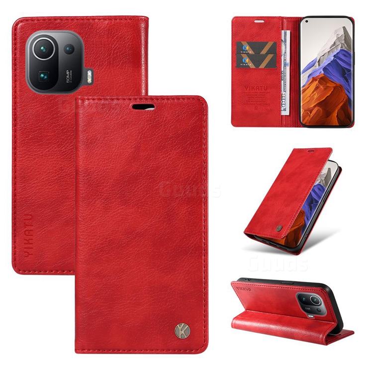 YIKATU Litchi Card Magnetic Automatic Suction Leather Flip Cover for Xiaomi Mi 11 Pro - Bright Red