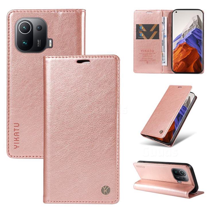 YIKATU Litchi Card Magnetic Automatic Suction Leather Flip Cover for Xiaomi Mi 11 Pro - Rose Gold
