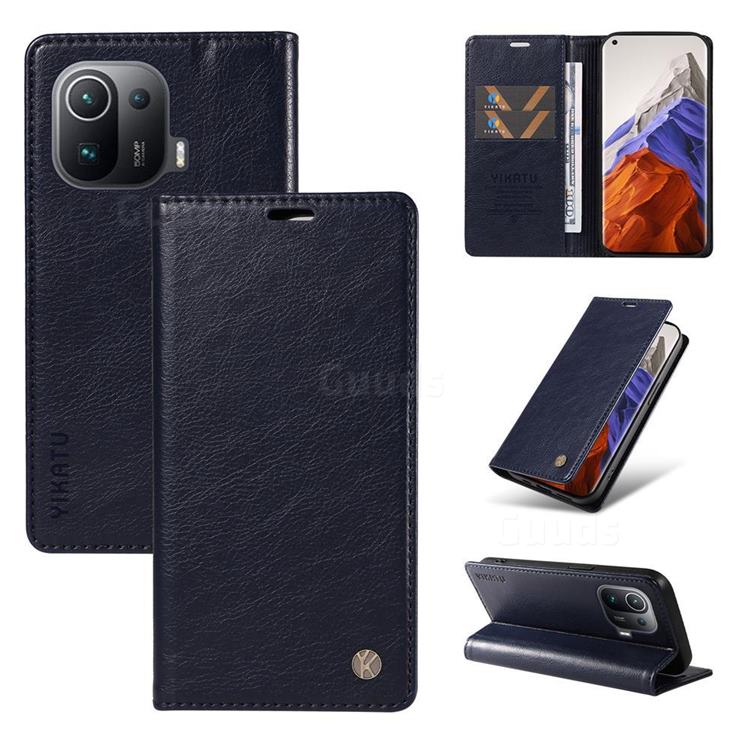 YIKATU Litchi Card Magnetic Automatic Suction Leather Flip Cover for Xiaomi Mi 11 Pro - Navy Blue