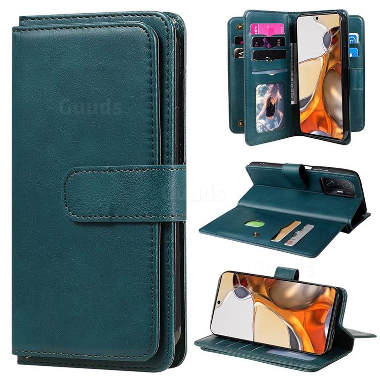 Multi-function Ten Card Slots and Photo Frame PU Leather Wallet Phone Case Cover for Xiaomi Mi 11T / 11T Pro - Dark Green