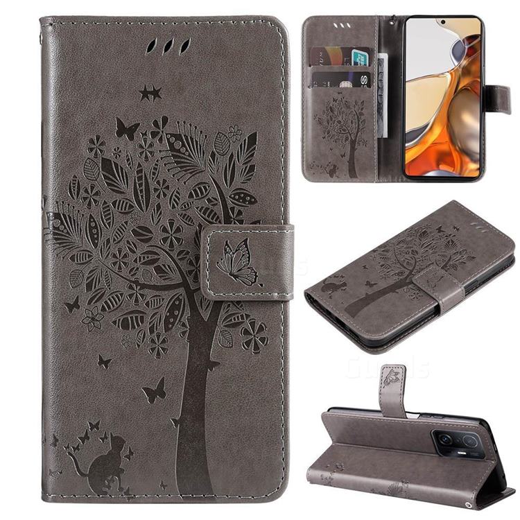 Embossing Butterfly Tree Leather Wallet Case for Xiaomi Mi 11T / 11T Pro - Grey