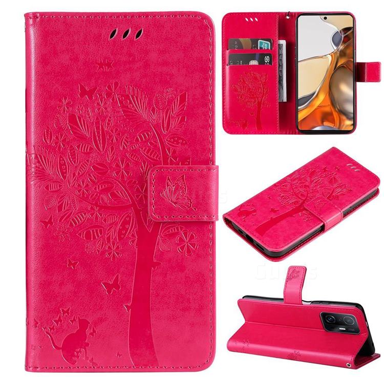 Embossing Butterfly Tree Leather Wallet Case for Xiaomi Mi 11T / 11T Pro - Rose