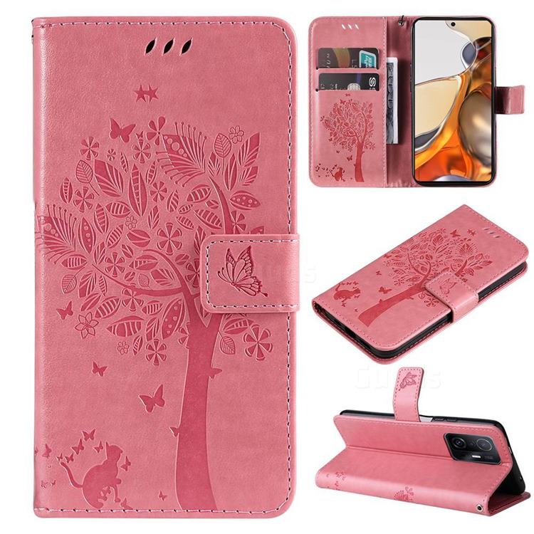 Embossing Butterfly Tree Leather Wallet Case for Xiaomi Mi 11T / 11T Pro - Pink