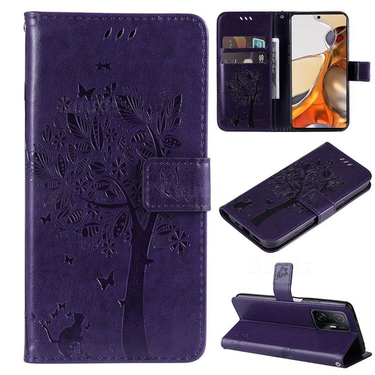 Embossing Butterfly Tree Leather Wallet Case for Xiaomi Mi 11T / 11T Pro - Purple