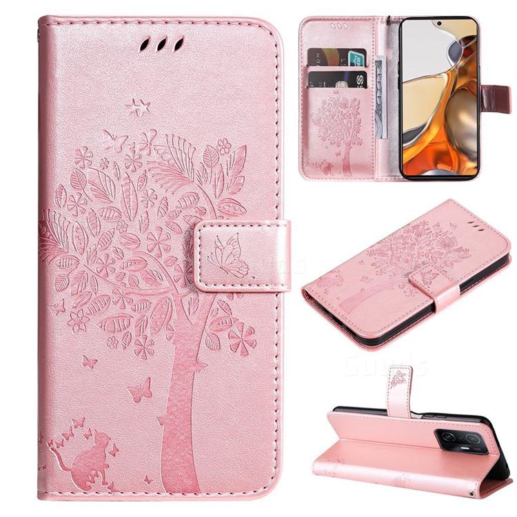 Embossing Butterfly Tree Leather Wallet Case for Xiaomi Mi 11T / 11T Pro - Rose Pink
