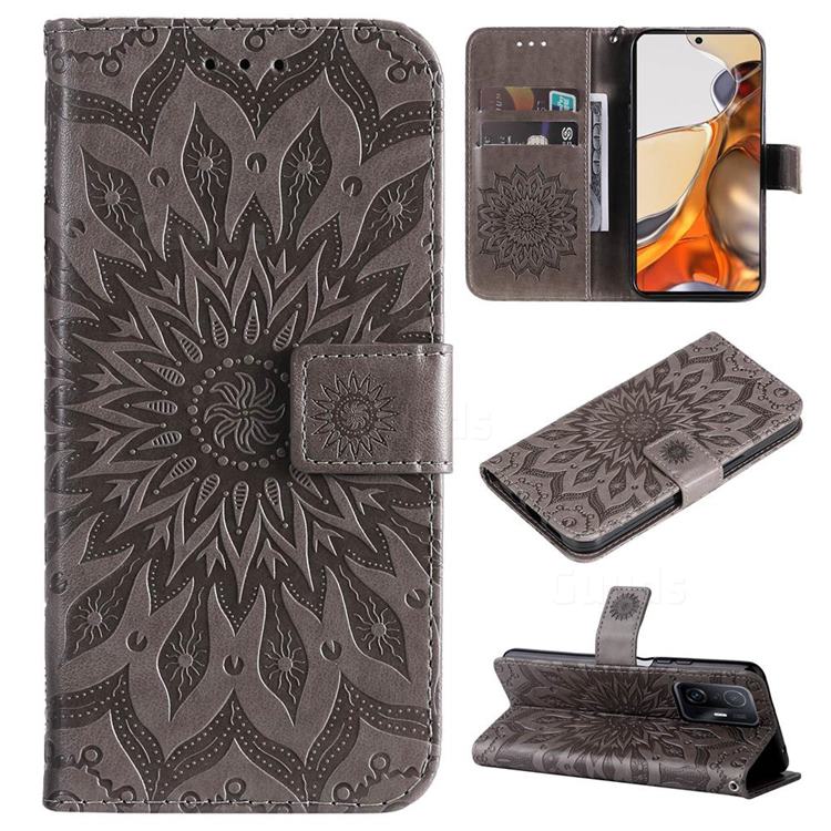 Embossing Sunflower Leather Wallet Case for Xiaomi Mi 11T / 11T Pro - Gray