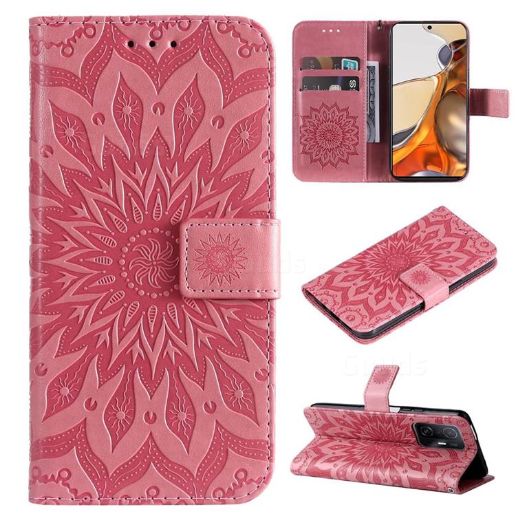 Embossing Sunflower Leather Wallet Case for Xiaomi Mi 11T / 11T Pro - Pink