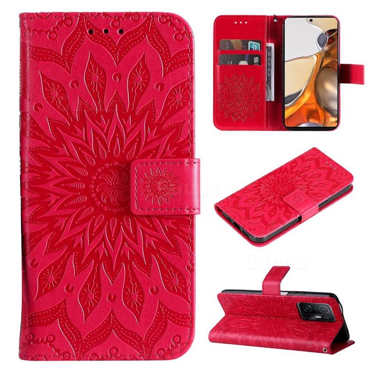 Embossing Sunflower Leather Wallet Case for Xiaomi Mi 11T / 11T Pro - Red