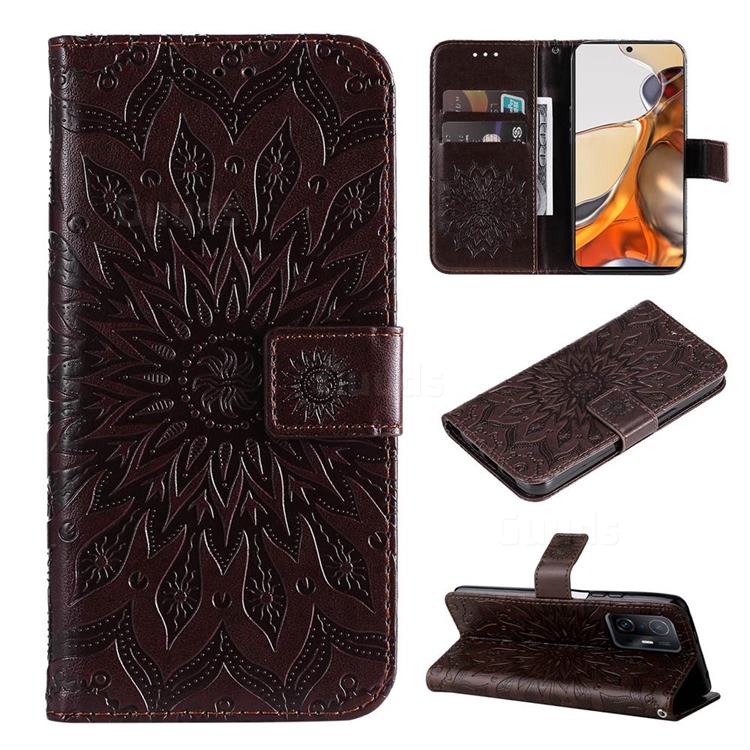 Embossing Sunflower Leather Wallet Case for Xiaomi Mi 11T / 11T Pro - Brown