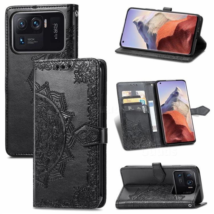 Embossing Imprint Mandala Flower Leather Wallet Case for Xiaomi Mi 11 Ultra - Black