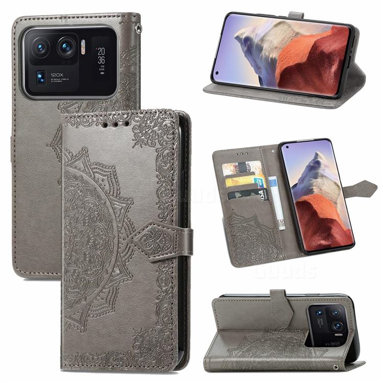 Embossing Imprint Mandala Flower Leather Wallet Case for Xiaomi Mi 11 Ultra - Gray