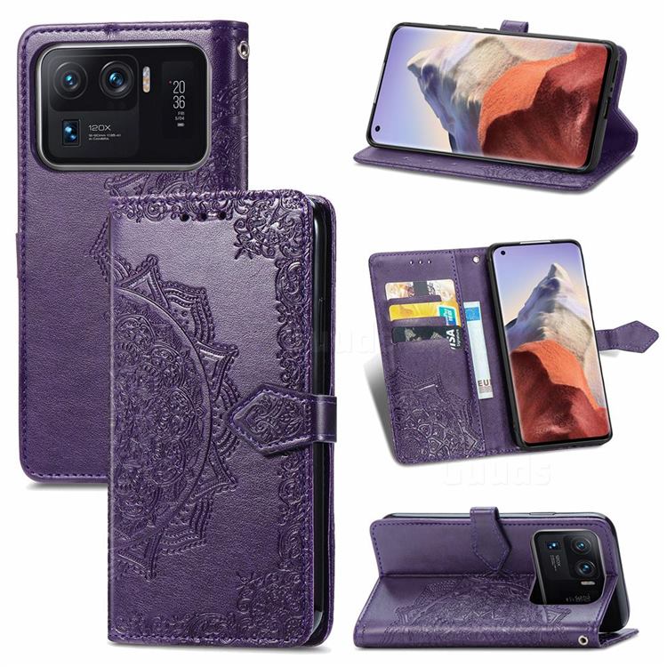 Embossing Imprint Mandala Flower Leather Wallet Case for Xiaomi Mi 11 Ultra - Purple