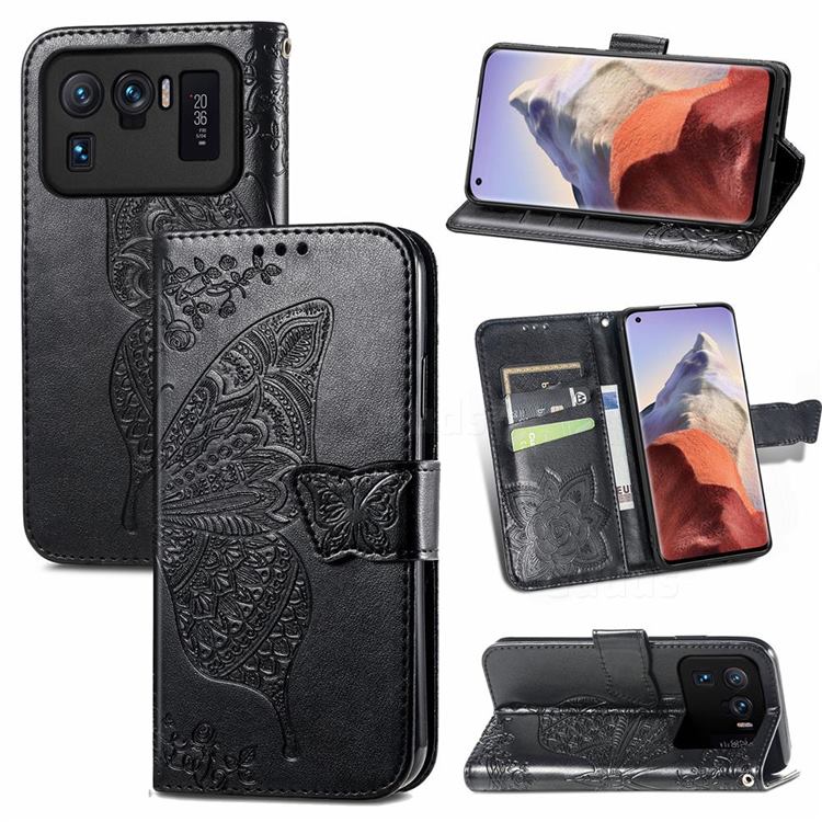 Embossing Mandala Flower Butterfly Leather Wallet Case for Xiaomi Mi 11 Ultra - Black