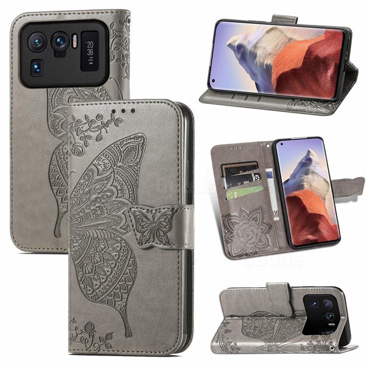 Embossing Mandala Flower Butterfly Leather Wallet Case for Xiaomi Mi 11 Ultra - Gray