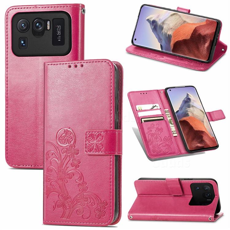 Embossing Imprint Four-Leaf Clover Leather Wallet Case for Xiaomi Mi 11 Ultra - Rose Red