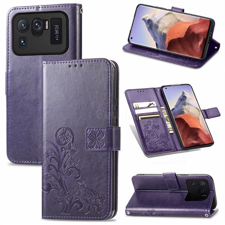 Embossing Imprint Four-Leaf Clover Leather Wallet Case for Xiaomi Mi 11 Ultra - Purple