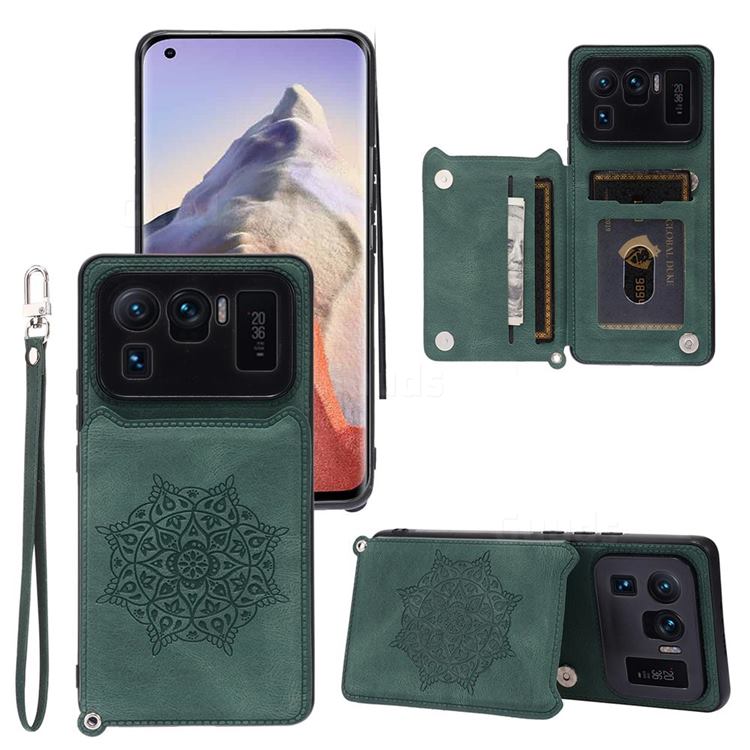 Luxury Mandala Multi-function Magnetic Card Slots Stand Leather Back Cover for Xiaomi Mi 11 Ultra - Green