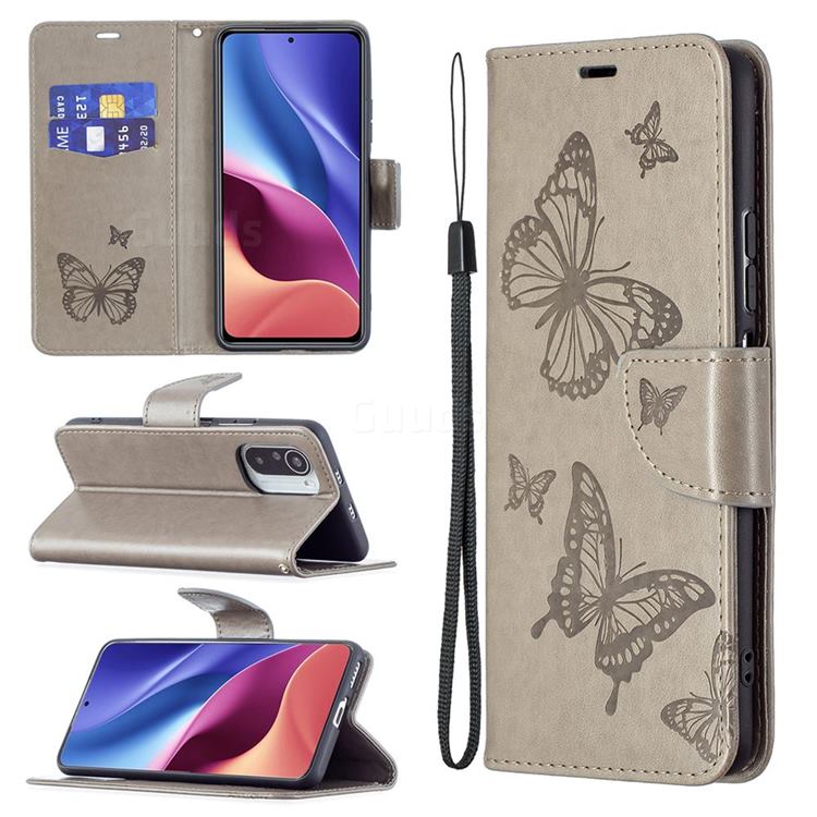 Embossing Double Butterfly Leather Wallet Case for Xiaomi Mi 11i / Poco F3 - Gray