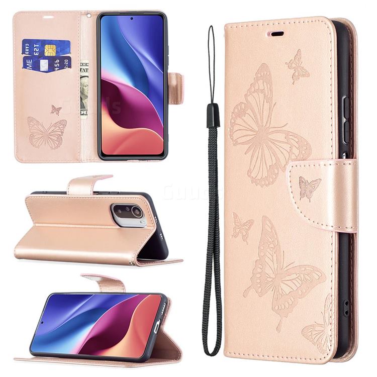 Embossing Double Butterfly Leather Wallet Case for Xiaomi Mi 11i / Poco F3 - Rose Gold
