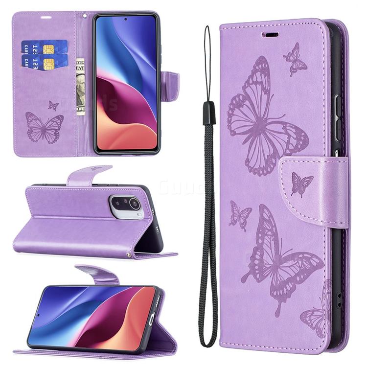 Embossing Double Butterfly Leather Wallet Case for Xiaomi Mi 11i / Poco F3 - Purple