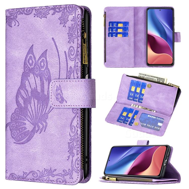 Binfen Color Imprint Vivid Butterfly Buckle Zipper Multi-function Leather Phone Wallet for Xiaomi Mi 11i / Poco F3 - Purple