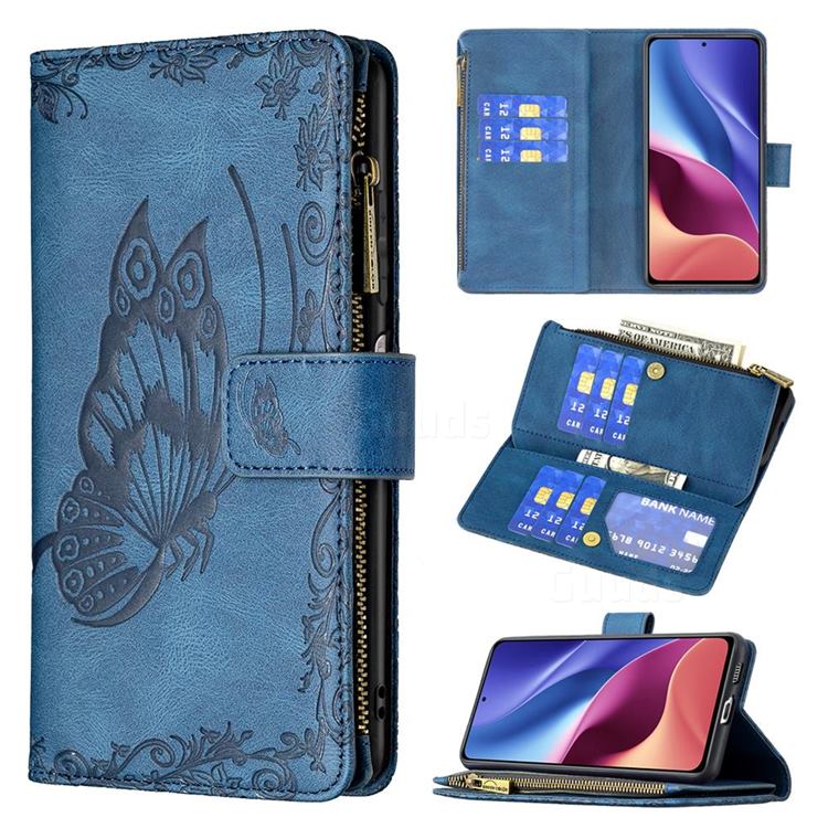 Binfen Color Imprint Vivid Butterfly Buckle Zipper Multi-function Leather Phone Wallet for Xiaomi Mi 11i / Poco F3 - Blue