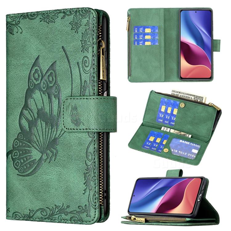 Binfen Color Imprint Vivid Butterfly Buckle Zipper Multi-function Leather Phone Wallet for Xiaomi Mi 11i / Poco F3 - Green