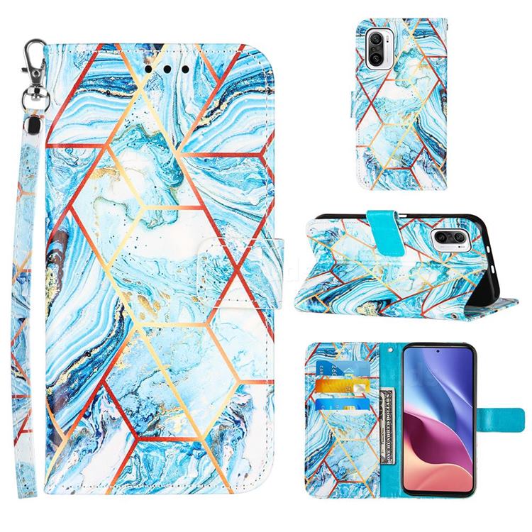 Lake Blue Stitching Color Marble Leather Wallet Case for Xiaomi Mi 11i / Poco F3