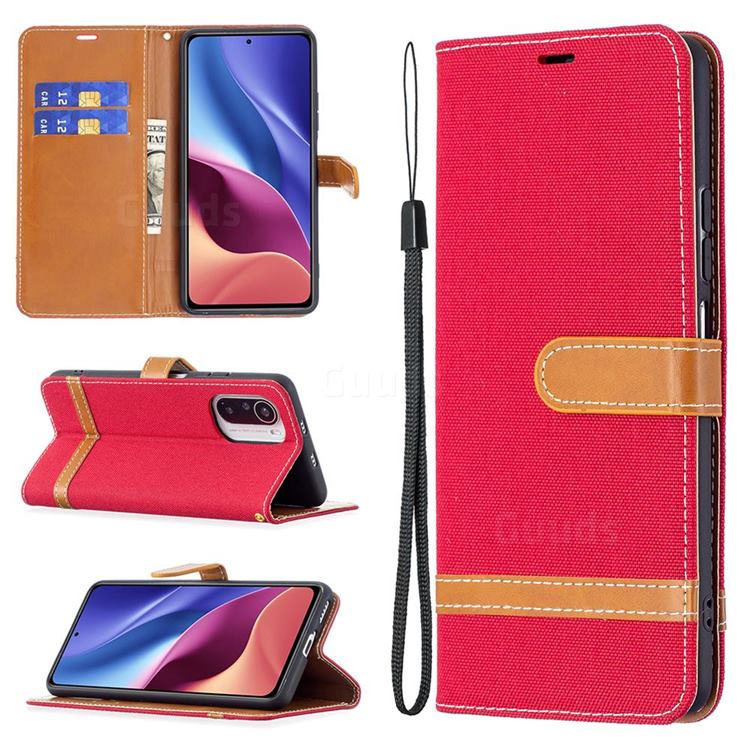 Jeans Cowboy Denim Leather Wallet Case for Xiaomi Mi 11i / Poco F3 - Red