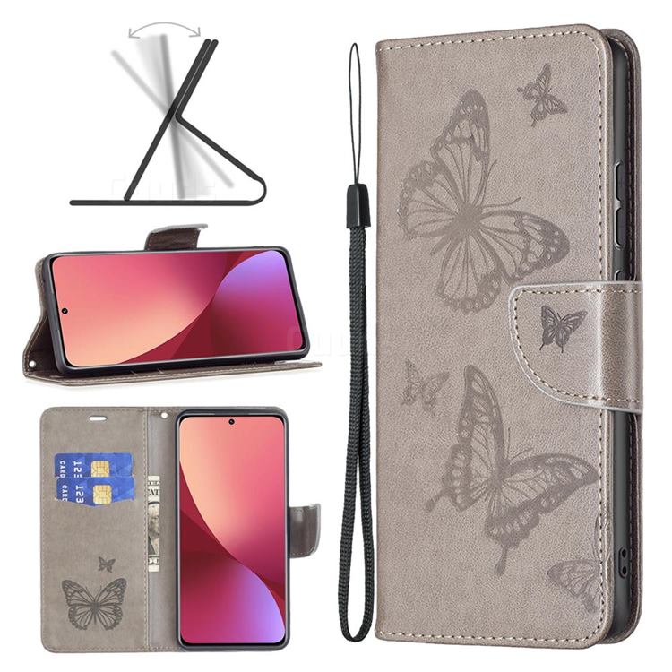 Embossing Double Butterfly Leather Wallet Case for Xiaomi Mi 12 - Gray