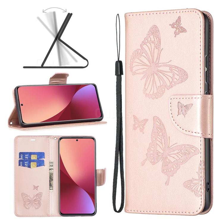 Embossing Double Butterfly Leather Wallet Case for Xiaomi Mi 12 - Rose Gold