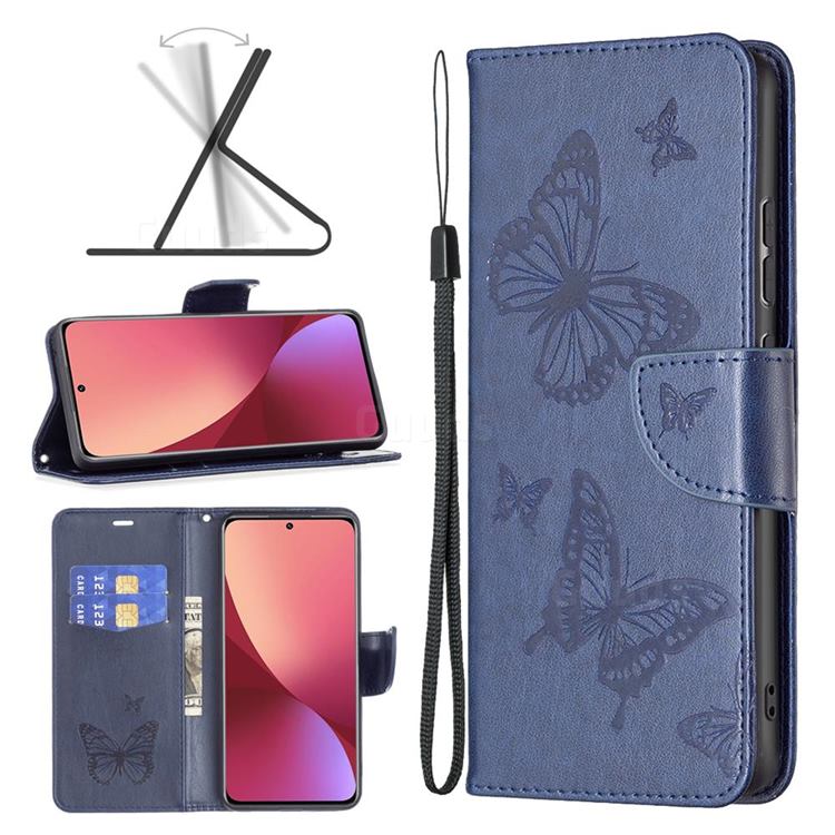 Embossing Double Butterfly Leather Wallet Case for Xiaomi Mi 12 - Dark Blue