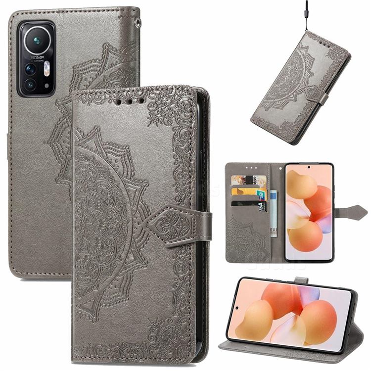 Embossing Imprint Mandala Flower Leather Wallet Case for Xiaomi Mi 12 - Gray