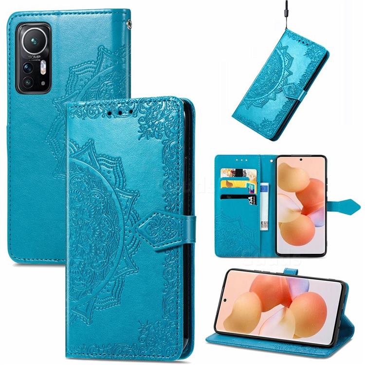 Embossing Imprint Mandala Flower Leather Wallet Case for Xiaomi Mi 12 - Blue