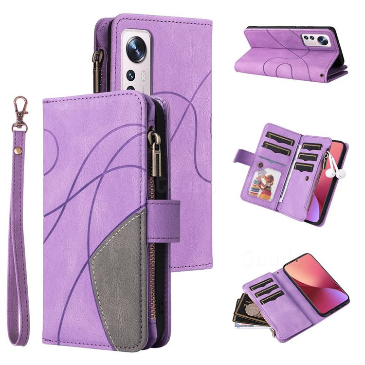 Luxury Two-color Stitching Multi-function Zipper Leather Wallet Case Cover for Xiaomi Mi 12 - Purple