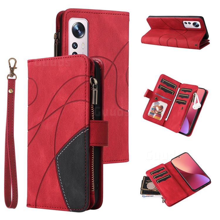 Luxury Two-color Stitching Multi-function Zipper Leather Wallet Case Cover for Xiaomi Mi 12 - Red